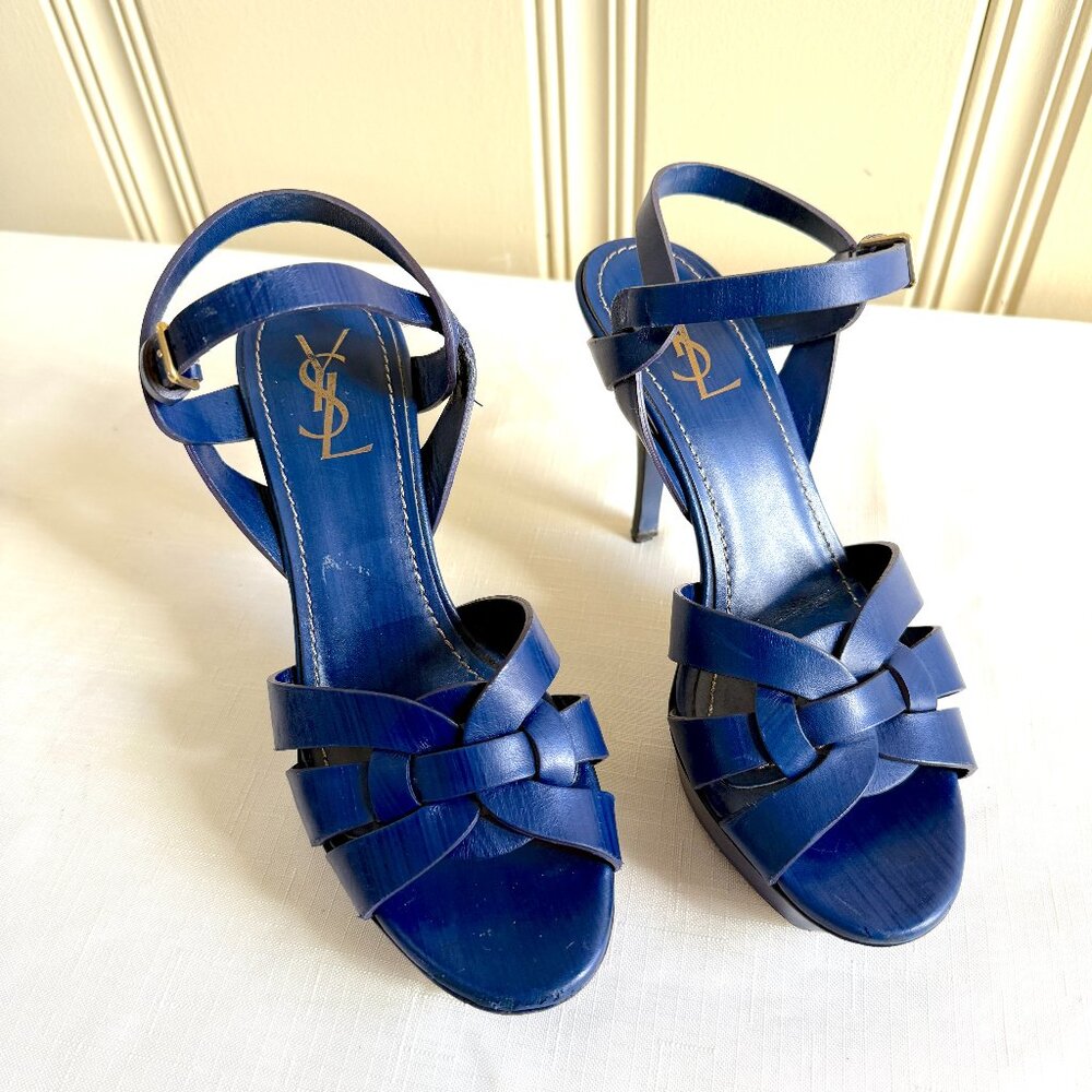 Yves Saint Laurent Tribute Platform Sandals Cobalt Blue Leather Heels sz 36